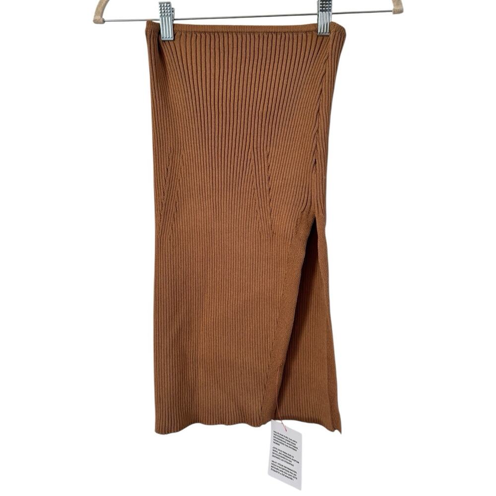 NWT TopShop Brown Ribbed Side Slit Knit Pull On Stretchy Pencil Skirt Size 4-6 - Picture 2 of 6